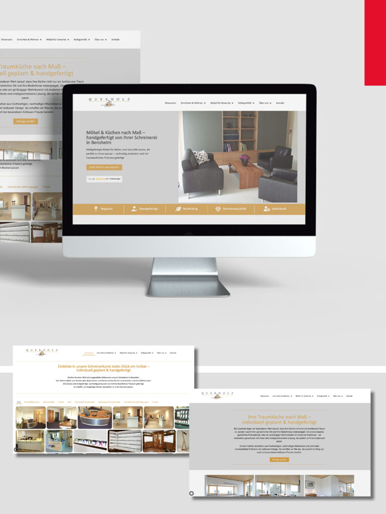 Website-Ansicht für querholz.de auf Desktop- und Mockup-Screens – moderne Darstellung eines Webdesign-Projekts für eine Schreinerei.