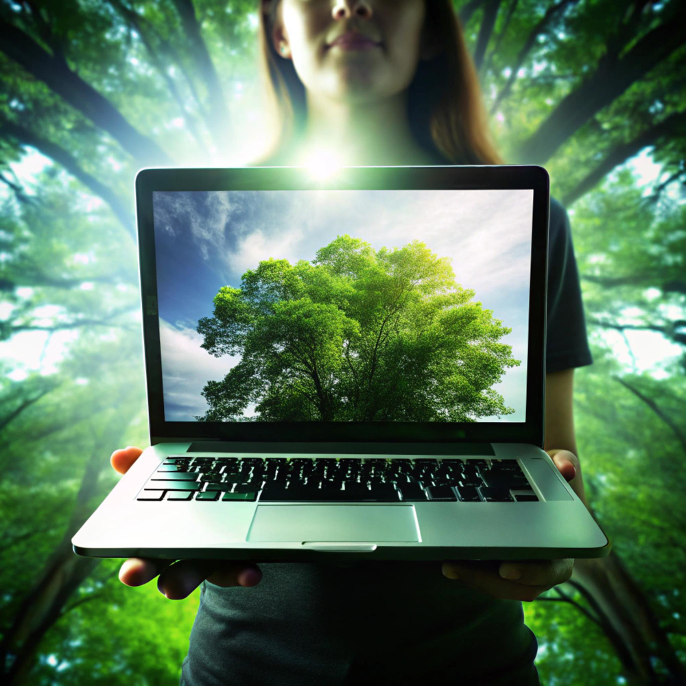 Person hält einen Laptop vor einem Waldhintergrund, auf dem Bildschirm ist ein grüner Baum zu sehen