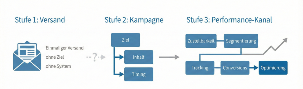 Grafik mit drei Stufen von einfachem Newsletter Versand über Kampagne bis zum E-Mail-Marketing als Performance Kanal mit Zustellbarkeit, Segmentierung, Tracking und Optimierung