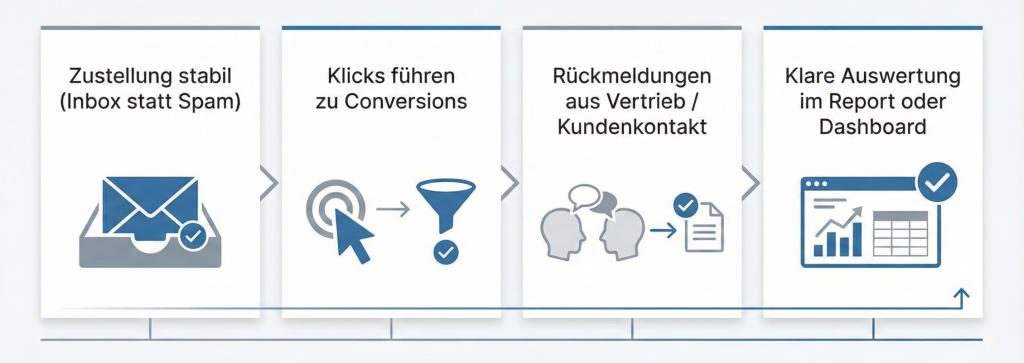 Infografik mit vier Erfolgsfaktoren für E-Mail-Marketing: stabile Zustellung, Klicks mit Conversions, Rückmeldungen aus Vertrieb und klare Auswertung im Dashboard