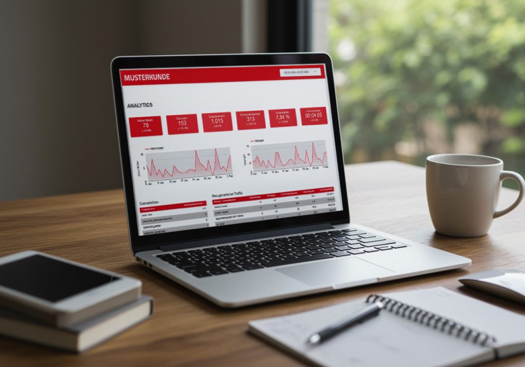 Laptop auf Schreibtisch mit geöffnetem Analytics Dashboard, daneben Tasse und Notizbuch